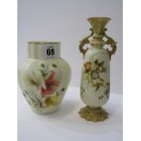 GRAINGERS WORCESTER, twin handled floral decorated spill vase and similar ribbed body 5" vase,