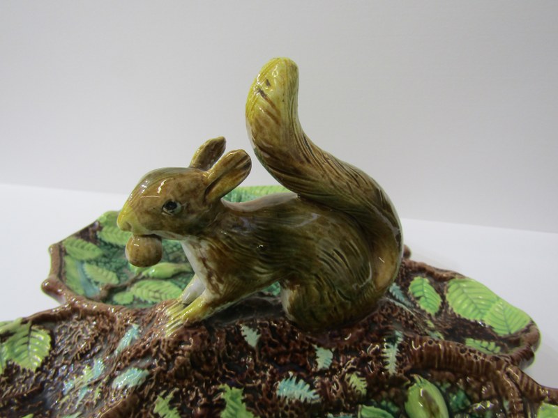 VICTORIAN MAJOLICA, squirrel handled twin bowl nut dish, impressed kite registration mark (repair to - Image 2 of 3