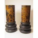 ORIENTAL, pair of lacquered tortoiseshell cylindrical brush holders decorated with birds of prey and