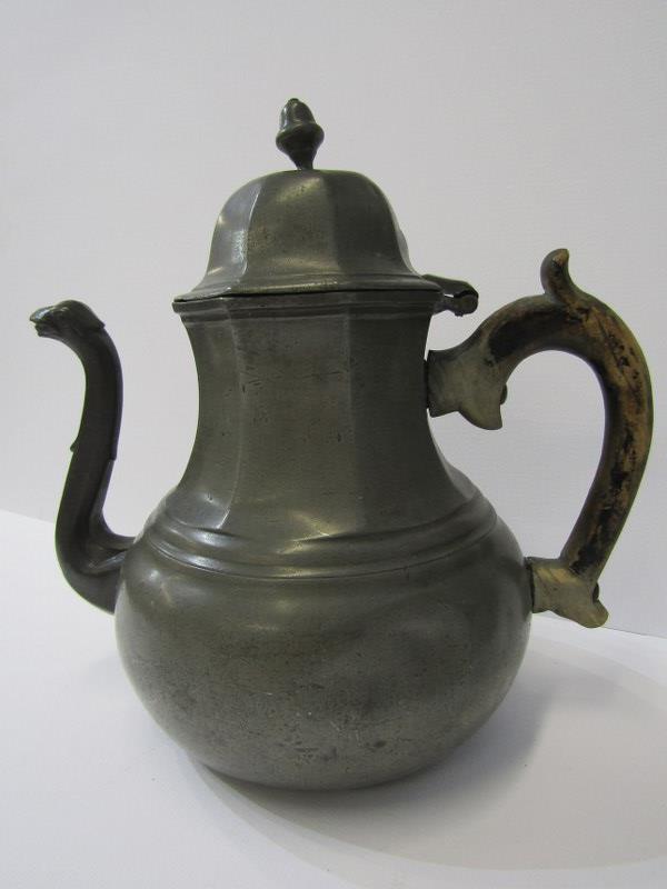 EARLY 18th CENTURY style PEWTER COFFEE POT; With serpents head spout and acorn finial, 9" high.