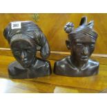 ETHNIC CARVING, pair of Polynesian carved head and shoulder figures, 9" height