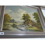 GUDRUN SIBBONS, signed oil painting on panel "Riverside Thatched Farmsted with Figures and