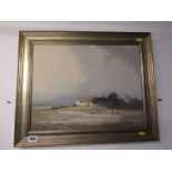 MARCUS FORD, signed painting on canvas "Riverside Cottages at Low Tide", 13" x 17"