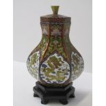 CLOISONNE, Chinese cloisonne hexagonal lidded small jar decorated with fabulous dragons on stand, 5"