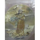 REGENCY EMBROIDERED SILK OVAL PICTURE, "Young Lady on Headland" (damaged), also Victorian coloured