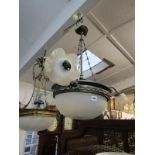 ANTIQUE LIGHTING, brass triple branch hanging light fitting with frosted and cut glass dome and 3