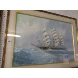 J. TONELLI, signed gouache "Triple Masted Scooner in rough Seas", 17.5" x 25"