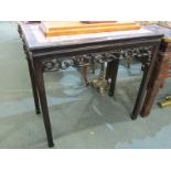 ORIENTAL FURNITURE, marble topped rectangular altar display table, carved frieze, 36" width