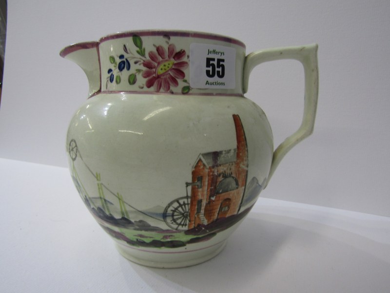 CORNISH MINING, 19th Century creamware jug decorated with engine house to one side and floral