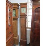 ANTIQUE LONG CASE CLOCK, small square faced with alarm dial in crude pine casing