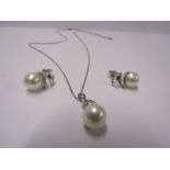 SET OF 9ct WHITE GOLD PEARL & DIAMOND EARRINGS & DROP PENDANT on 9ct white gold fine curb link