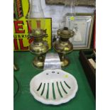 LIGHTING, 2 brass based oil lamps together with enamelled bath tub soap holder