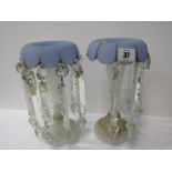 VICTORIAN GLASSWARE, pair of frosted and gilded glass prism drop lustre vases with additional drop