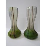 ART NOUVEAU, pair of green lustre vaseline glass 6.75" vases