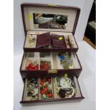 BURGUNDY COLOUR JEWELLERY BOX, bi-fold design containing a selection of costume jewellery