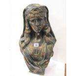 METALWARE, bronzed bust of young lady with Egyptian style head dress, 21" high