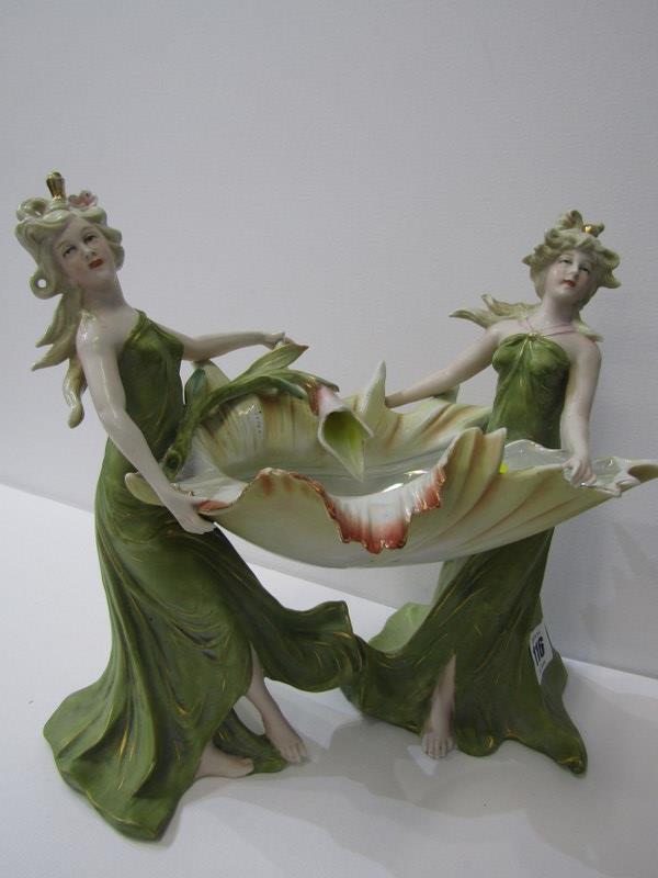 ART NOUVEAU Royal Dux-style figure support shell bowl, together with pair of early Murano figures of