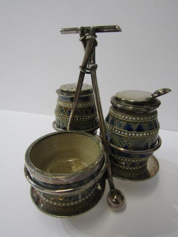 DOULTON LAMBETH, triple section condiment on plated stand, dated 1879