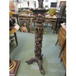 ORIENTAL TORCHERE, carved dragon entwined column, square top torchere on tripod base, 47" height