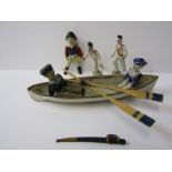 MINIATURE DOLLS, 3 miniature jointed sailors with model boat and 2 other figures