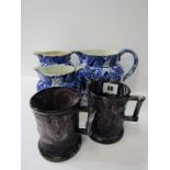SLAG GLASS, pair of purple marbled tankards, together with graduated set of 3 "Exotic Bird"