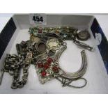 SILVER & WHITE METAL ITEMS, including silver fancy link Albert chain with fob, white metal horseshoe