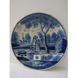 EARLY DELFT, early 18th Century possibly English Delft "Pancake" 9" plate depicting couple within