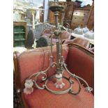 LIGHTING, Victorian design triple branch brass hanging light fitting with 2 crinoline edge shades