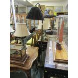 ANTIQUE LIGHTING, brass standard lamp with scroll support light fitting