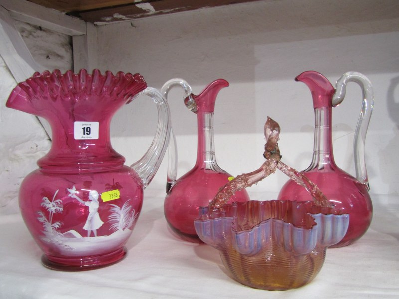 MARY GREGORY, cranberry glass large jug also pair of Cranberry flagons (af) & similar Vaseline glass