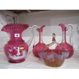 MARY GREGORY, cranberry glass large jug also pair of Cranberry flagons (af) & similar Vaseline glass