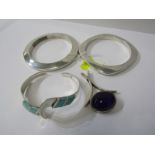 SILVER BANGLES, pair of retro silver bangles, a silver and turquoise enamel bangle together with