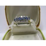 18ct YELLOW GOLD SAPPHIRE & DIAMOND 3 ROW CLUSTER RING, central row of 6 well matched pale blue