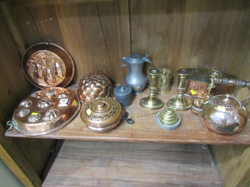 METALWARE, embossed copper moulds, pewter cylindrical tobacco jar, graduated weights and shelf of