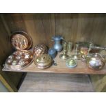 METALWARE, embossed copper moulds, pewter cylindrical tobacco jar, graduated weights and shelf of