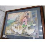 ROSIE TWIGG? signed watercolour "Feeding the Swans", 22" x 30"