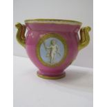 COALPORT, a gilt twin handled pink ground table pot, gilt ampersand mark (restored)