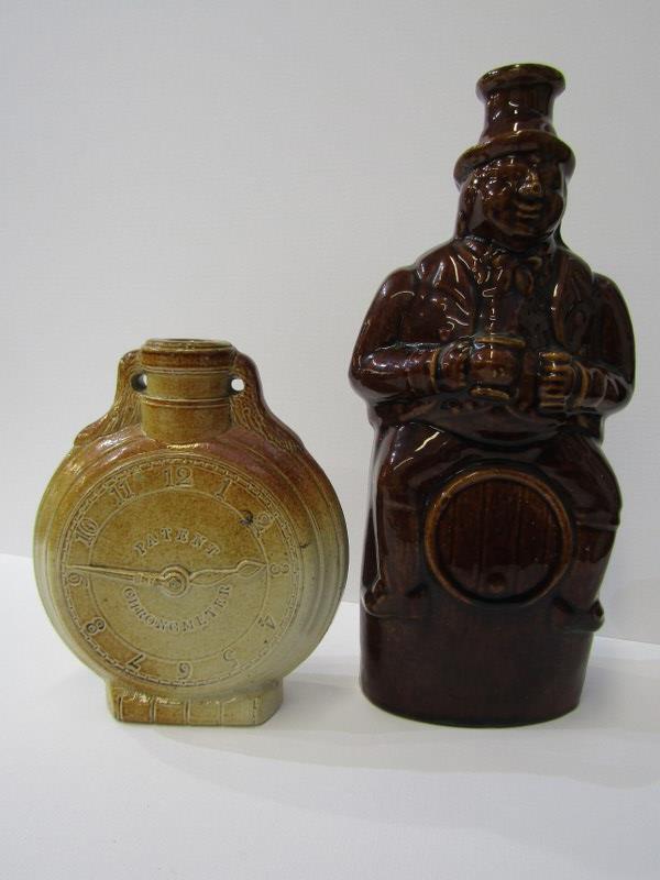 FULHAM POTTERY, stoneware "patent chronometer" design spirit flask impressed, "E. Asell, New Inn,