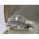 WHITE GOLD DIAMOND RING, diamond ring set 3 rows of graduated European/old cut diamonds, 19 in