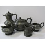 PEWTER, 4 piece floral embossed design tea and coffee service together with antique pewter measure