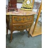 FRENCH MARQUETRY COMMODE, coloured marble top, serpentine fronted 2 drawer commode, applied gilt