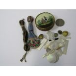 ORIENTAL MOTHER-OF-PEARL GAMING TOKENS, 2 antique beadwork purses and pictorial brass circular snuff