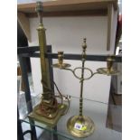LIGHTING, brass twin branch adjustable table top candlestick; together with brass square base column