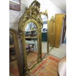 ANTIQUE MIRROR, ornate gilt foliate crested narrow hall mirror, 72" height 36" width