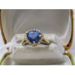 18ct YELLOW GOLD SAPPHIRE & DIAMOND RING, principal fancy trilliant cut sapphire of good colour