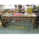 ORIENTAL FURNITURE, elm alter table, with stylised carved frieze, 72.5" width