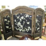 ORIENTAL FURNITURE, 3 fold carved screen decorated with carved bone and mother-of-pearl bird on