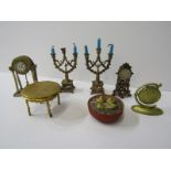 DOLLS HOUSE FURNITURE, pair of gilt metal candelabra, 2 mantel clocks, table gong, etc