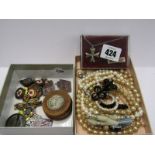 PEARL NECKLACES, selection of costume jewellery, buttons, badges, etc, including pearl necklaces,
