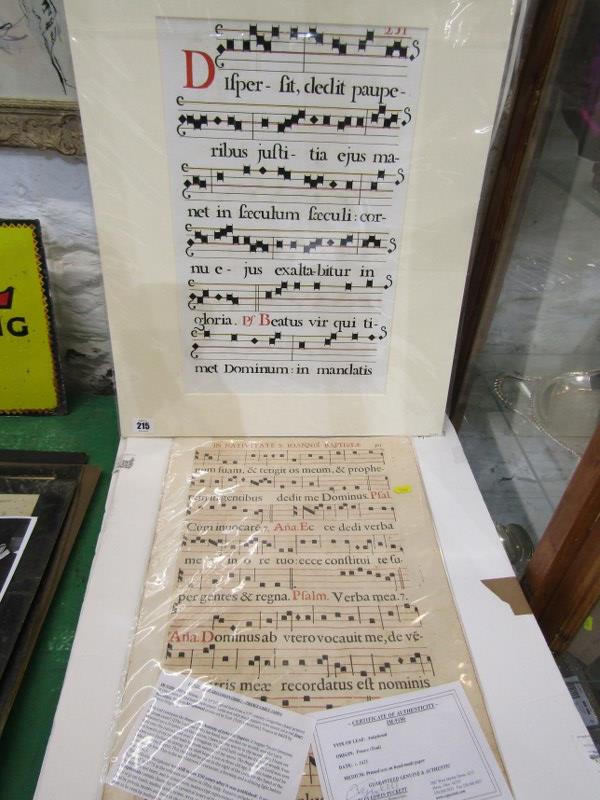 17TH CENTURY MUSIC, a French Georgian double sided Chant and 1 other, both mounted